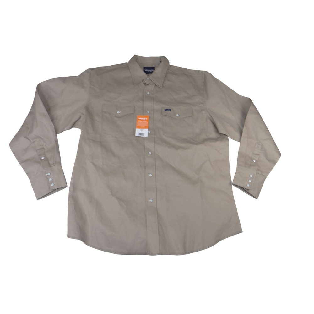 Wrangler Mens Western Snap Button Shirt Tan Khaki Twill Long Sleeve XL 4231